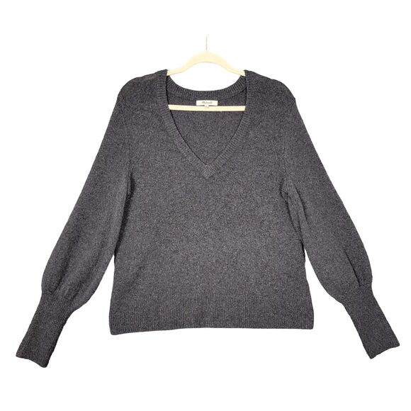 MADEWELL K5429 Gray Wool Dashwood V-Neck Sweater with Bubble Sleeves SIZE SMALL - Picture 1 of 10